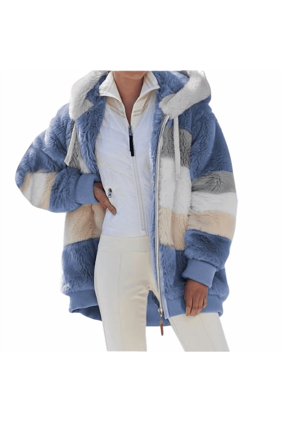 Womens Fleece Hoodie Jackets Fashion Rcontrasting Lamb Wool Padded Coat Plus Size Loose Fit Fuzzy Jacket Winter Long Sleeve Drawstring Hooded Coats with Pockets