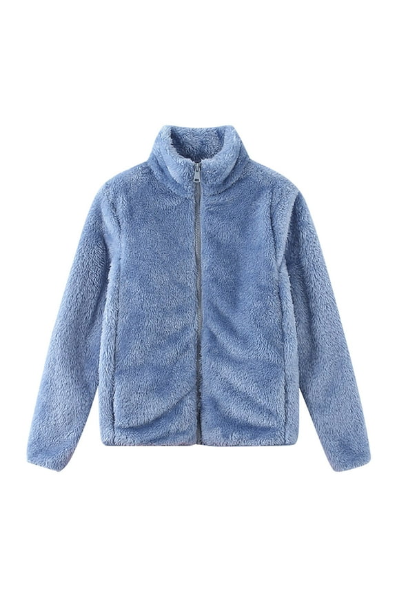 Womens Fleece Jackets Winter Full Zip Up Warm Coats Solid Color Soft Comfy Jacket Long Sleeve Mock Neck Fuzzy Coat
