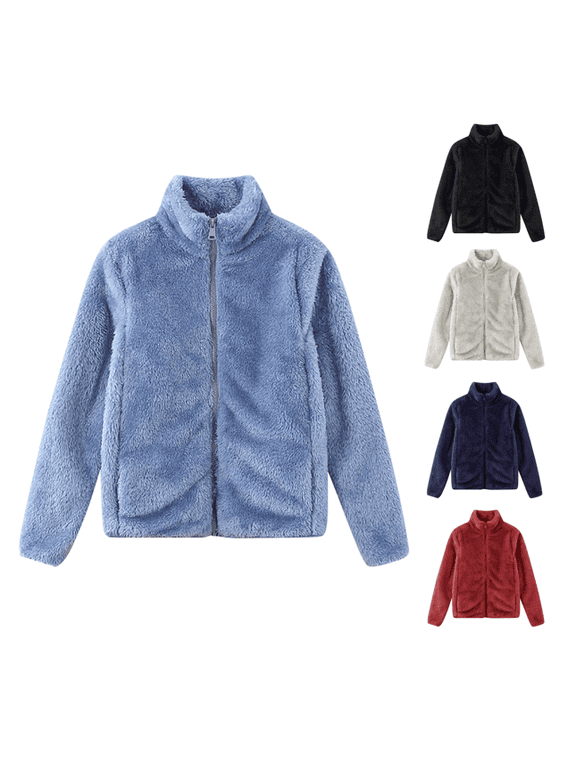 Womens Fleece Jackets Winter Full Zip Up Warm Coats Solid Color Soft Comfy Jacket Long Sleeve Mock Neck Fuzzy Coat
