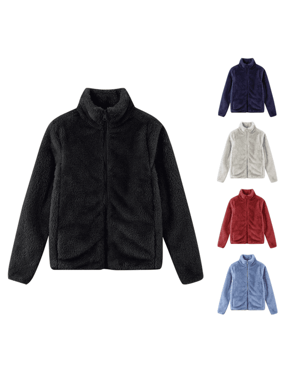 Womens Fleece Jackets Winter Full Zip Up Warm Coats Solid Color Soft Comfy Jacket Long Sleeve Mock Neck Fuzzy Coat