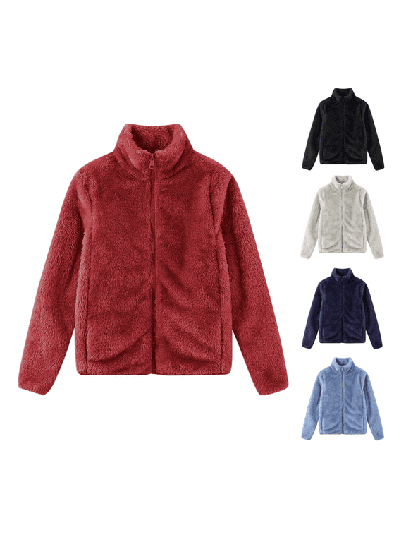 Womens Fleece Jackets Winter Full Zip Up Warm Coats Solid Color Soft Comfy Jacket Long Sleeve Mock Neck Fuzzy Coat