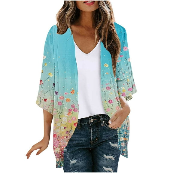 VEKDONE Womens Floral Chiffon Kimono Cardigans Loose Beach Swimwear Cover Up 3/4 Sleeve Soft Lightweight Open Front Tops Shawl