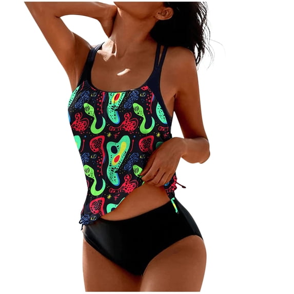 VEKDONE Womens Floral Print Swimsuits Tankini Tummy Control High Waisted Bathing Suit 2 Piece Side Drawstring Tunic Swimsuit Summer Beach Vacation Swimwear A Multicolor XXL