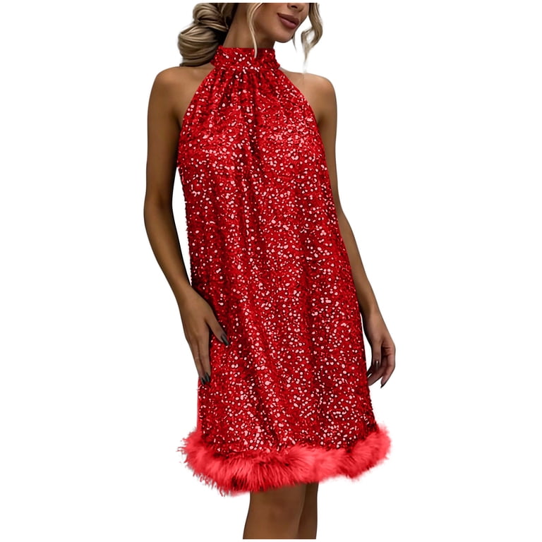 VEKDONE Womens Glitter Sequin Dress Halter Neck Cocktail Party Dresses  Sleeveless Sparkly Mini Dress with Fur Trim Loose Fit Tank Dresses Red S -  Walmart.com
