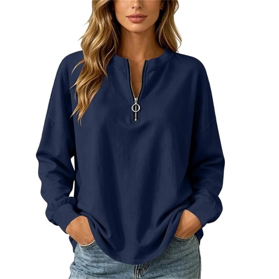 VEKDONE Womens Half Zip Long Sleeve Sweatshirts Casual Loose Fit Crewneck Pullover Tops Fall Solid Color Lightweight Sweatshirt Navy L