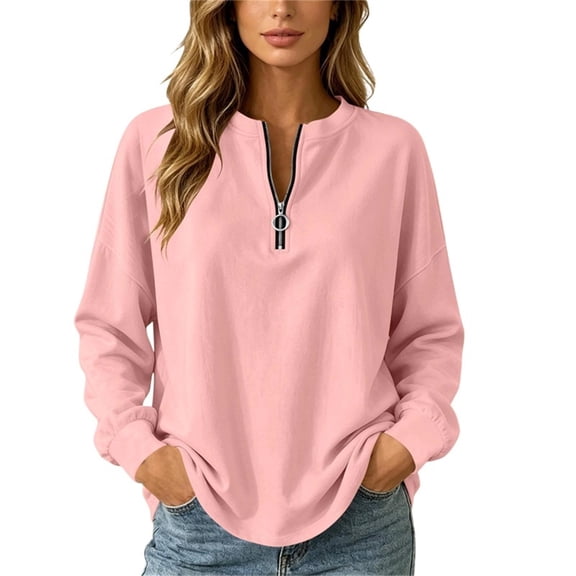 VEKDONE Womens Half Zip Long Sleeve Sweatshirts Casual Loose Fit Crewneck Pullover Tops Fall Solid Color Lightweight Sweatshirt Pink XL