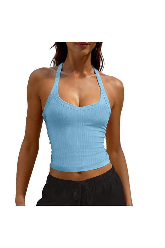 Womens Halter Neck Crop Tank Tops Ribbed Knit Camisole Top Summer Sleeveless Stretch Slim Fit Tunic Tops Cropped Workout Tanks Light Blue L
