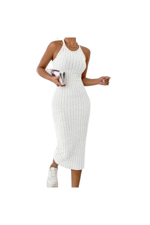 Womens Halter Neck Sundress Sleeveless Stretch Slim Fit Maxi Dress Solid Color Ribbed Knit Long Dress Casual Dress White M