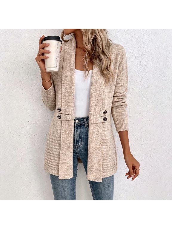 Womens Heathered Knit Cardigan Shawl Collar Open Front Overcoat Relaxed Fit Ribbed Cuffs and Hem Jackets Fall Winter Fashion Clothing for Commuting