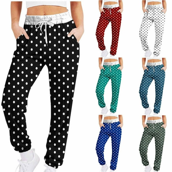 VEKDONE Womens High Waisted Sweatpants Polka Dot Print Drawstring Long Pants Casual Cozy Jogger Pants Baggy Sports Pants with Pockets Lounge Trousers