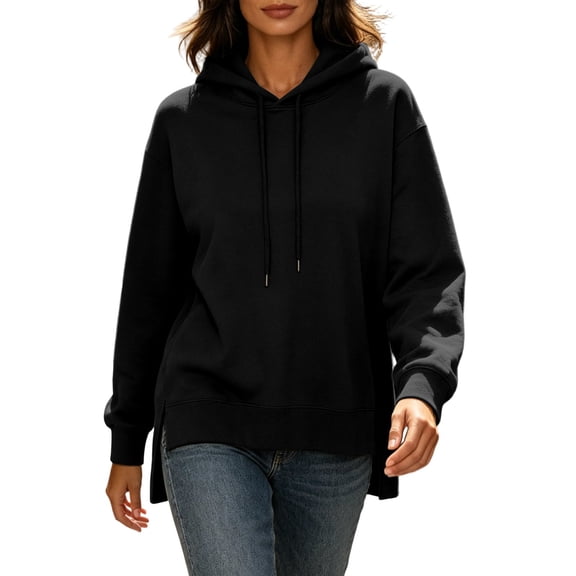 VEKDONE Womens Hoodies Casual Long Sleeve Drawstring Loose Fit Sweatshirts Fall Lightweight Comfy Side Slit Hooded Pullover Black XXL