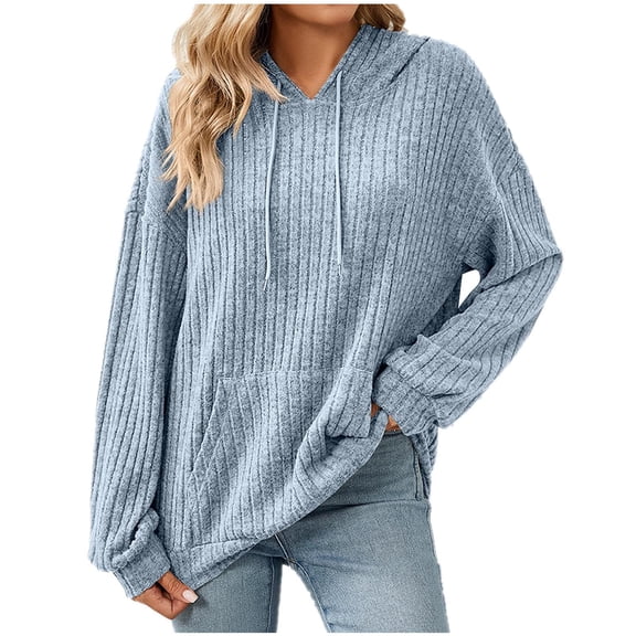 VEKDONE Womens Hoodies Fall Ribbed Knit Long Sleeve Hooded Sweatshirt Drop Shoulder Loose Fit Drawstring Pullover Top with Pocket Light Blue XXL