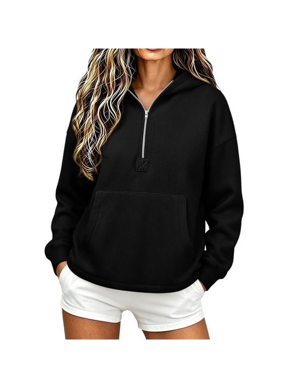 Womens Hoodies Half Zip Up Thin Fleece Pullover Sweatshirt Oversized Long Sleeve Hooded Sweatshirts Fashion Loose Fit Pullover with Kangaroo Pocket Black XXL
