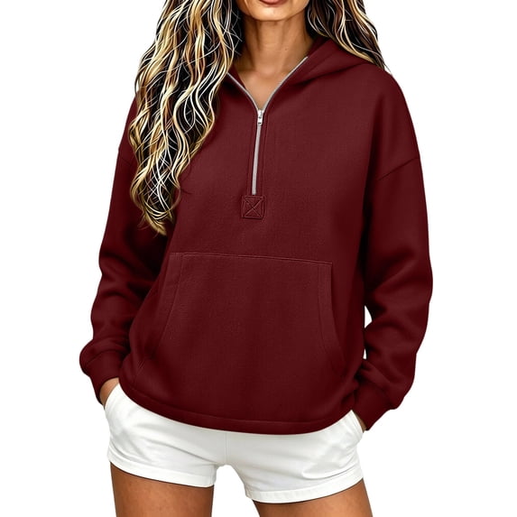 VEKDONE Womens Hoodies Half Zip Up Thin Fleece Pullover Sweatshirt Oversized Long Sleeve Hooded Sweatshirts Fashion Loose Fit Pullover with Kangaroo Pocket Red XL
