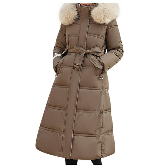 VEKDONE Womens Jacket Parkas Furry Collar Down Cotton Jacket Winter Hooded Long Parka Warm Padded Jacket Casual Zip Up Outerwear with Pockets