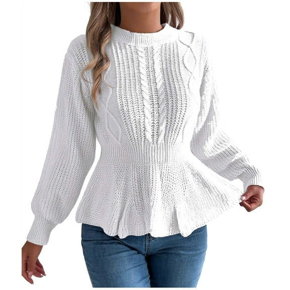VEKDONE Womens Knit Sweater Fall Winter Long Sleeve Peplum Tunic Tops Casual Loose Fit Crew Neck Pullover Tops Solid Color Slim Fit Cable Knit Ruffle Jumper