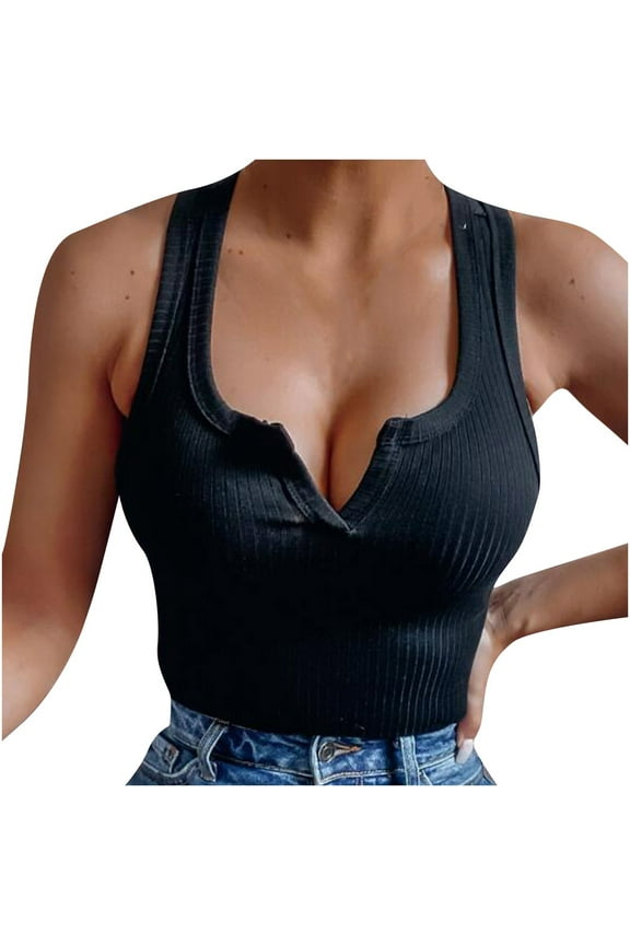 Womens Knit Tank Tops Summer Sleeveless V-Neck Camisole Solid Color Soft Slim Fit Tunics Tops Casual Lightwieght Plus Size Tanks Black Medium