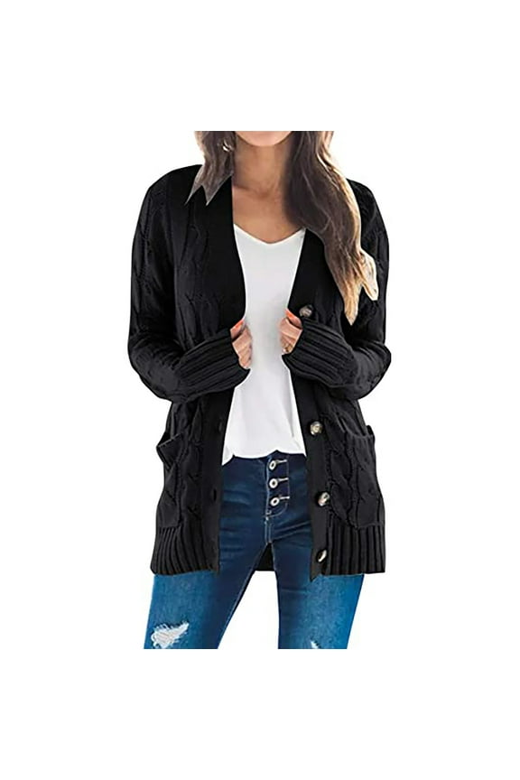 Womens Knit V-Neck Cardigan Coat Long Sleeve Cotton Open Front Outwear Fall Winter Solid Color Button Sweater with Pockets Warm Comfy Soft Coat Black L