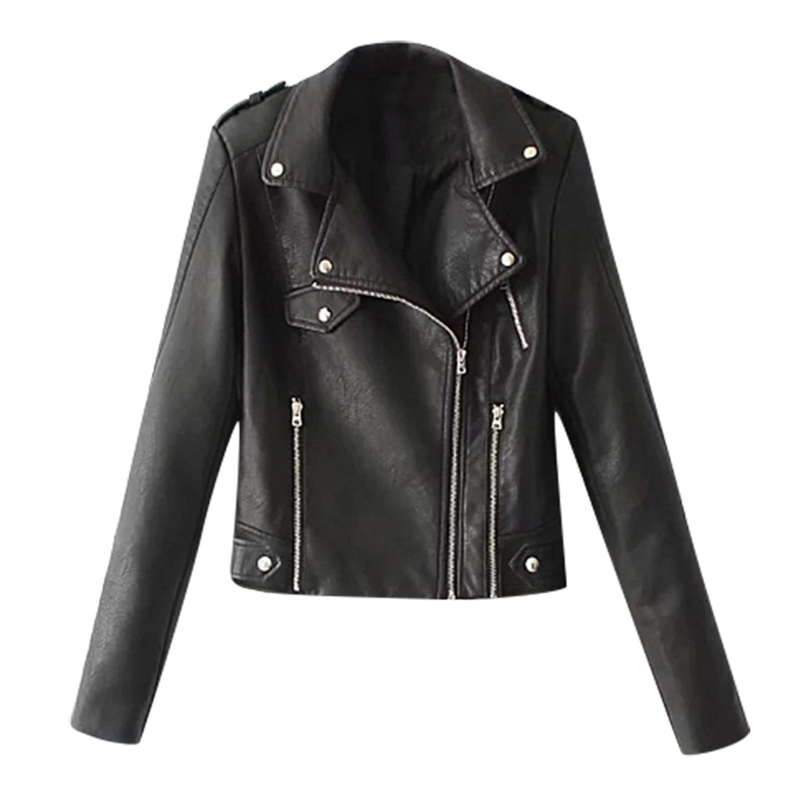 VEKDONE Womens Leather Jacket Motorcycle Faux Leather Jacket Long Sleeve Cropped Slim Jacket Zip-Up PU Jacket Fashoin Moto Biker Coat with Pockets
