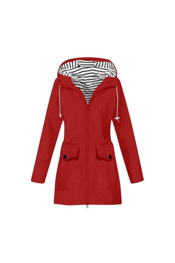 Womens Light Raincoat Striped Rain Jacket Waterproof Outdoor Trench Coat with Hood Drawstring Windproof Hoodies Jackets Fall Winter Thin Windbreaker with Pockets