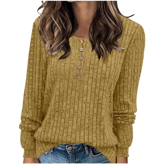 VEKDONE Womens Lightweight Sweaters Long Sleeve Button Henley Shirt Ribbed Knit Crewneck Sweater Solid Color Loose Fit Tunic Tops