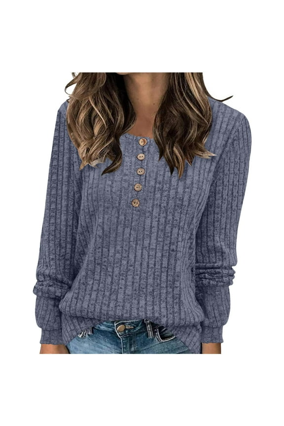 Womens Lightweight Sweaters Long Sleeve Button Henley Shirt Ribbed Knit Crewneck Sweater Solid Color Loose Fit Tunic Tops