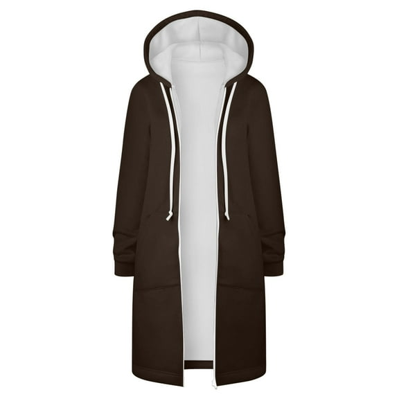 VEKDONE Womens Long Coats with Hood Fall Winter Long Sleeve Thin Fleece Hoodie Jackets Full Zip Up Drawstring Coat with Pockets