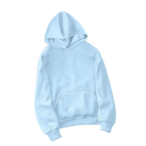 VEKDONE Womens Long Sleeve Hooded Sweatshirt Fashion Rhinestone Sweatshirts Casual Loose Fit Drawstring Hoodie Pullover with Pocket Light Blue M