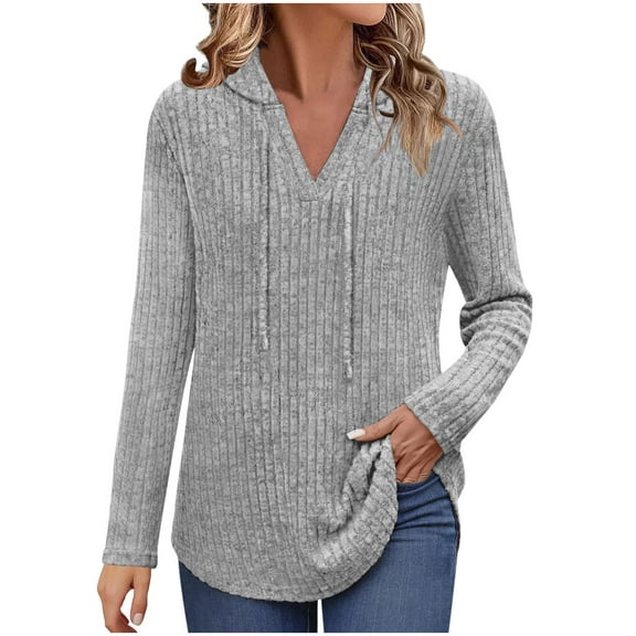 VEKDONE Womens Long Sleeve Knit Hoodies Drawstring V Neck Pullover Tops Ribbed Sweaters Casual Loose Fit Lightweight Tunic Tops Fall Fashion Clothes