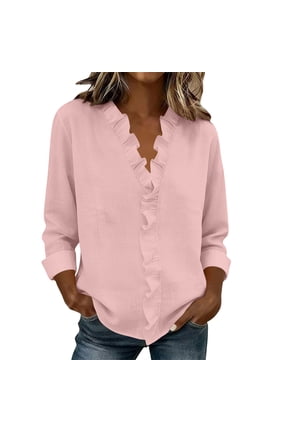Womens Long Sleeve Linen Blouse Ruffles V Neck Loose Fit Shirts Casual Solid Color Lightweight Pullover Top Beach Vacation Blouses Pink L
