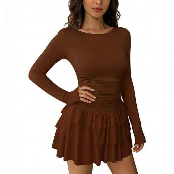VEKDONE Womens Long Sleeve Round Neck Dresses Layered Ruched Bodycon Dress Solid Color Tight A Line Dress Fashion Slim Fit Mini Dress Coffee XL