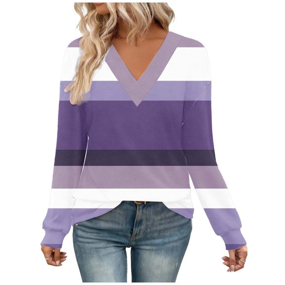 VEKDONE Womens Long Sleeve Shirts Stripe Color Block Blouses Casual Loose Fit V Neck Tunic Tops Plus Size Lightweight Tunic Tops Fashion Clothes