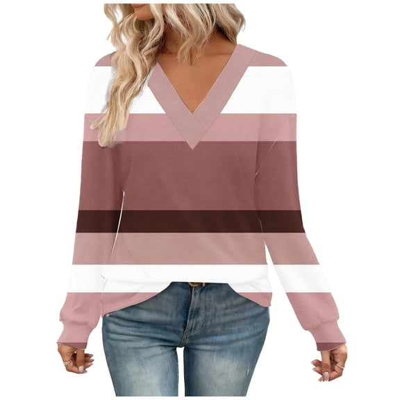 VEKDONE Womens Long Sleeve Shirts Stripe Color Block Blouses Casual Loose Fit V Neck Tunic Tops Plus Size Lightweight Tunic Tops Fashion Clothes