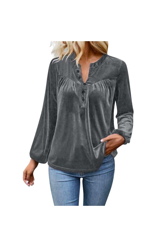 Womens Long Sleeve Shirts Velvet Button V Neck Blouse Solid Color Pleated Soft Tunic Tops Dressy Lightweight Comfy Pullover Fashion Clothes