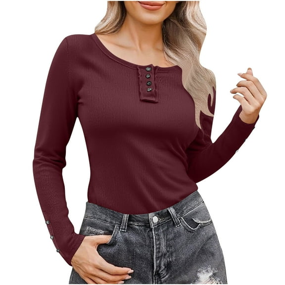 VEKDONE Womens Long Sleeve Tops Dressy Crew Neck Button Down Tunic Pullovers Casual Solid Color Slim Fit Going Out Tee Shirts Fashion Clothes