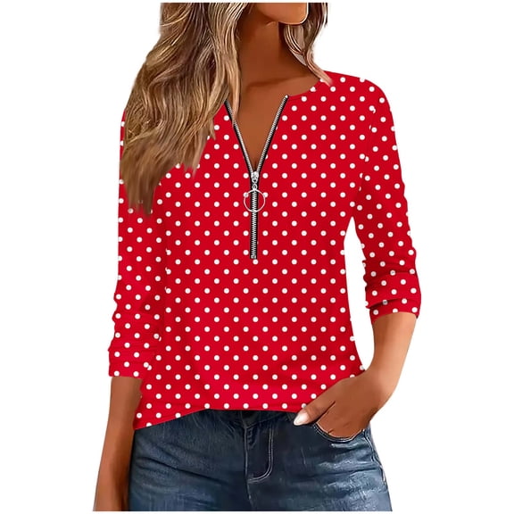 VEKDONE Womens Long Sleeve Tops Half Zip V Neck Blouses Polka Dot Print Loose Comfy Tees Fall Soft Lightweight Housewear Lounge Tunics