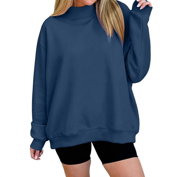 VEKDONE Womens Mock Neck Sweatshirt Long Sleeve Loose Fit Pullover Top | Casual Mock Neck Sweatshirt Oversized Pullover Drop Shoulder Lounge Travel Weekend Wear Navy L