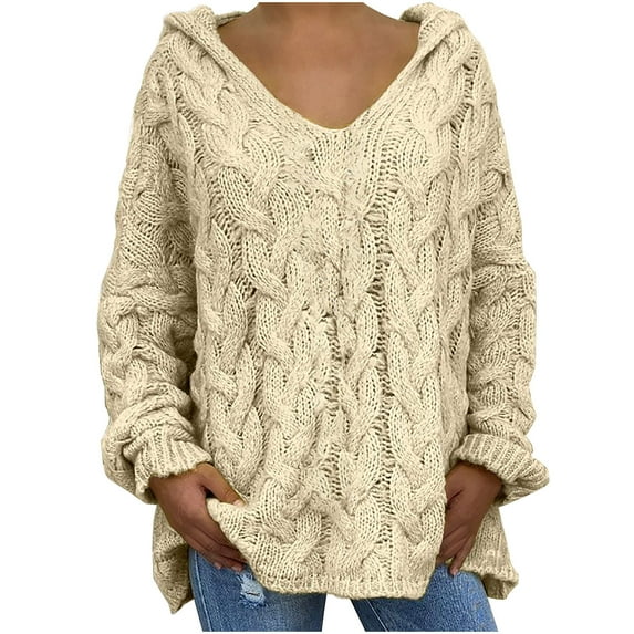 VEKDONE Womens Oversized Cable Knitted Sweaters Casual Long Sleeve Loose Knitwear Fall Winter Solid Color Warm Chunky Knit Hooded Sweater Cute Pullovers