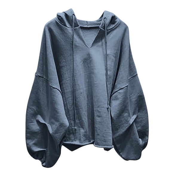 VEKDONE Womens Oversized Hooded Sweatshirt Lantern Long Sleeve Hoodies Fall Loose Fit Drop Shoulder Pullover Tops Solid Color Y2K Streetwear Sweatshirts Navy S