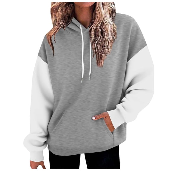 VEKDONE Womens Oversized Hoodies Fall Winter Thin Fleece Drawstring Hooded Sweatshirts Fashion Long Sleeve Color Block Pullover Tops Trendy Fall Clothes Gray M