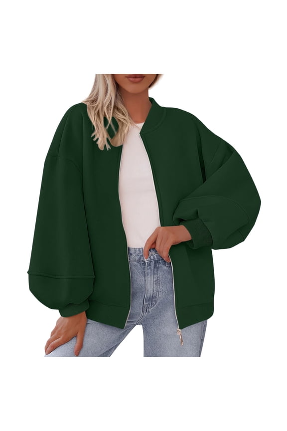 Womens Oversized Jacket Full Zip Up Sweatshirt Jackets with Pockets Casual Bell Long Sleeve Bomber Outerwear Winter Fashion Outfits