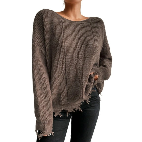 VEKDONE Womens Oversized Sweaters Dropped Shoulder Long Sleeve Crewneck Knitted Sweater Casual Loose Fit Distressed Pullover Shirts Tassels Tops