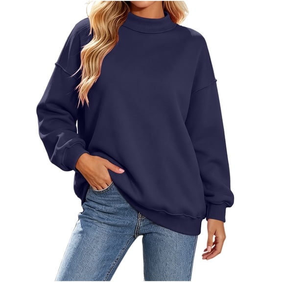 VEKDONE Womens Oversized Sweatshirts Drop Shoulder Mock Neck Long Sleeve Sweatshirt Fall Thin Fleece Loose Fit Pullover Tops Navy M
