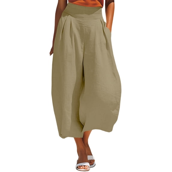 VEKDONE Womens Palazzo Pants Summer Cotton Baggy Ankle Pants Casual Elastic High Waist Wide Leg Pants with Pockets Khaki XL