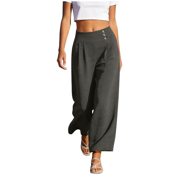 VEKDONE Womens Palazzo Pants Summer Elastic High Waisted Wide Leg Pants Solid Color Loose Fit Flowy Straight Trousers with Pockets Dark Gray XL