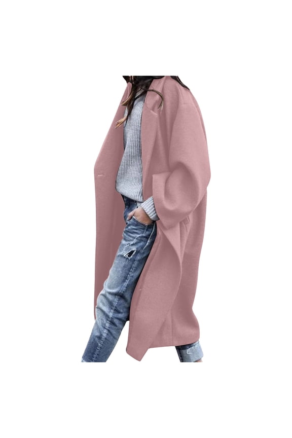Womens Pea Coat Button Down Notch Neck Long Jackets Solid Color Wool Blend Overcoat Loose Fit Plus Size Soft Outerwear with Pockets