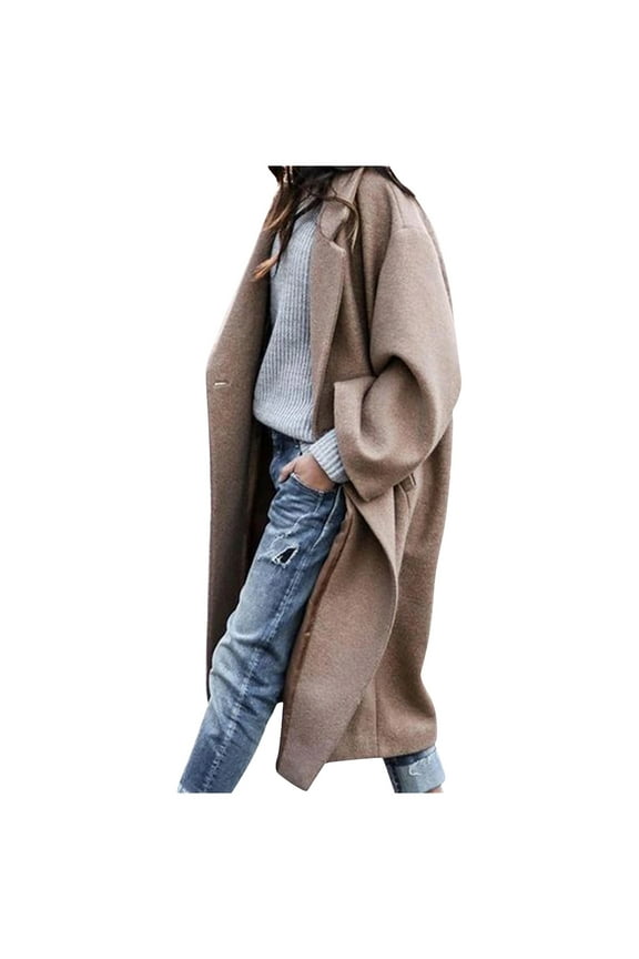 Womens Pea Coat Button Down Notch Neck Long Jackets Solid Color Wool Blend Overcoat Loose Fit Plus Size Soft Outerwear with Pockets
