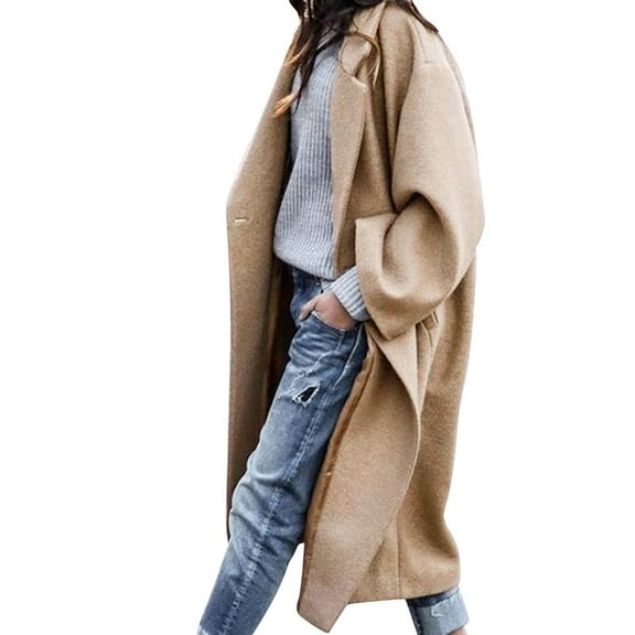 VEKDONE Womens Pea Coat Button Down Notch Neck Long Jackets Solid Color Wool Blend Overcoat Loose Fit Plus Size Soft Outerwear with Pockets