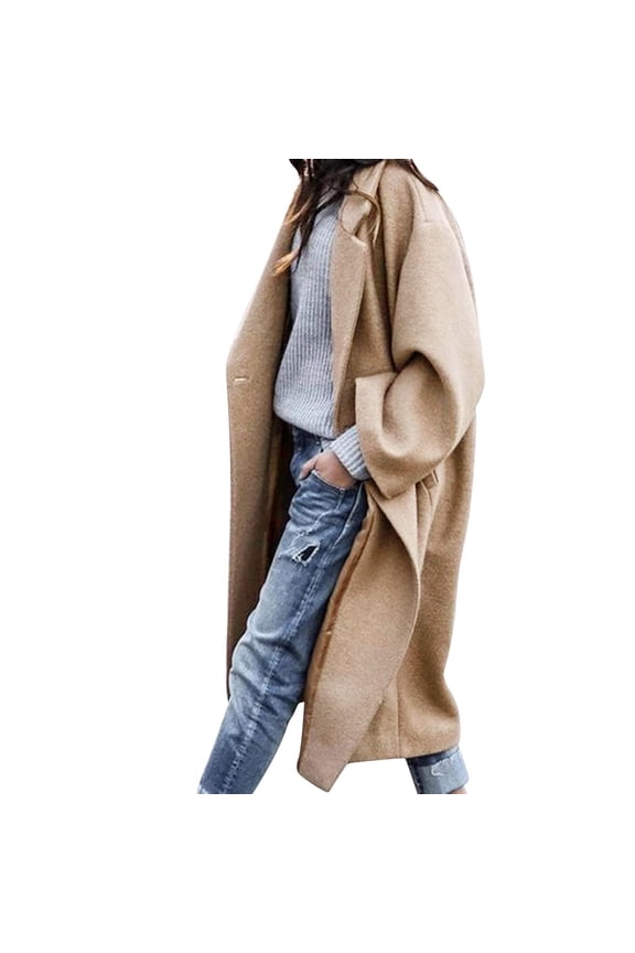Womens Pea Coat Button Down Notch Neck Long Jackets Solid Color Wool Blend Overcoat Loose Fit Plus Size Soft Outerwear with Pockets