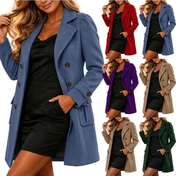 VEKDONE Womens Pea Coat Notch Lapel Double Breasted Trench Coats Relaxed Fit Button Cuffs Side flap Pockets Overcoat Business Casual Fall Winter Outerwear